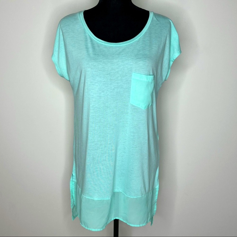 Rewind Womens Short Sleeve Tunic Size Medium Teal Sheer Hem Pocket